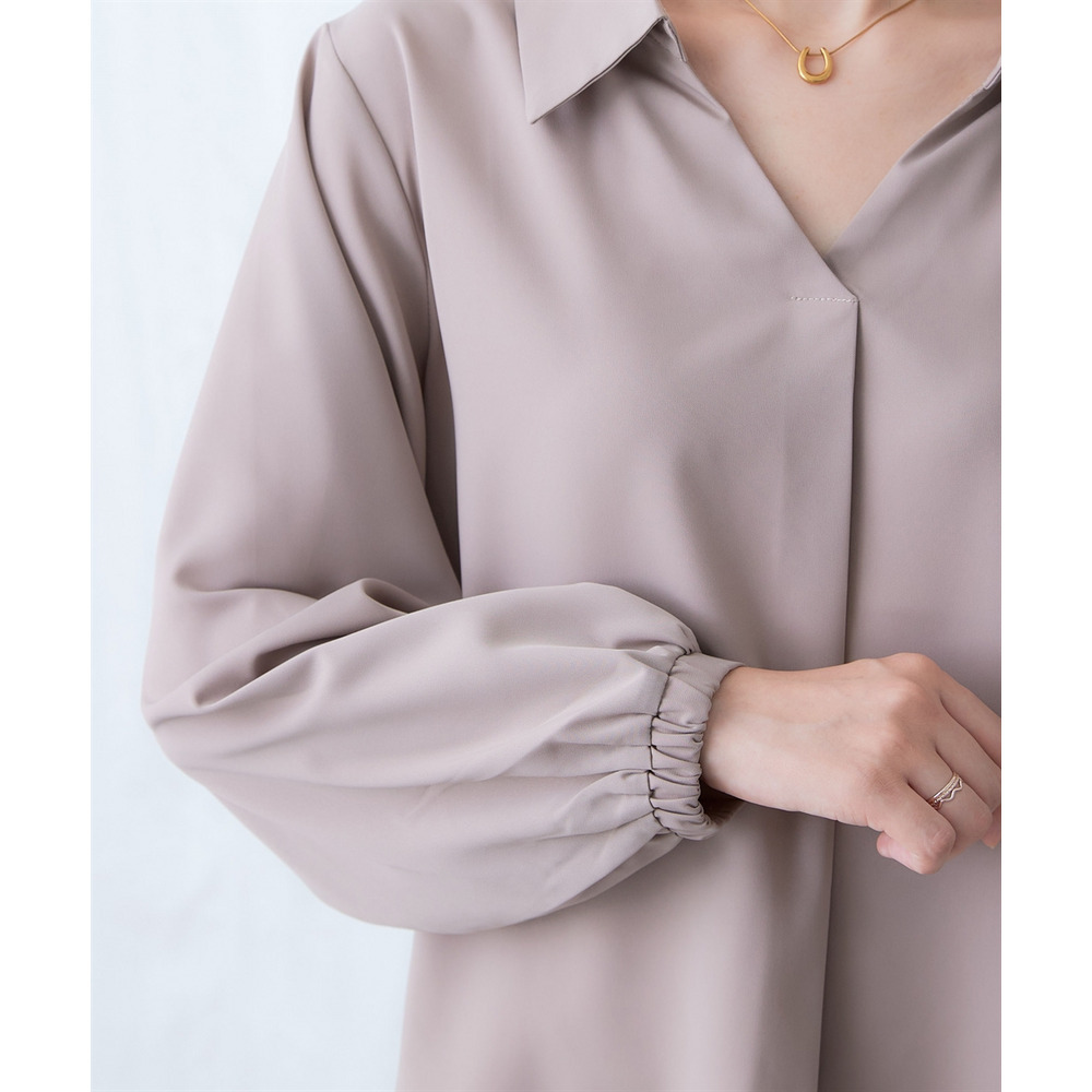 【しわになりにくい・ストレッチ】スキッパーカラー袖ボリュームブラウス(とろみシリーズ) 大きいサイズ22