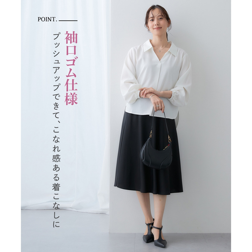 【しわになりにくい・ストレッチ】スキッパーカラー袖ボリュームブラウス(とろみシリーズ) 大きいサイズ5