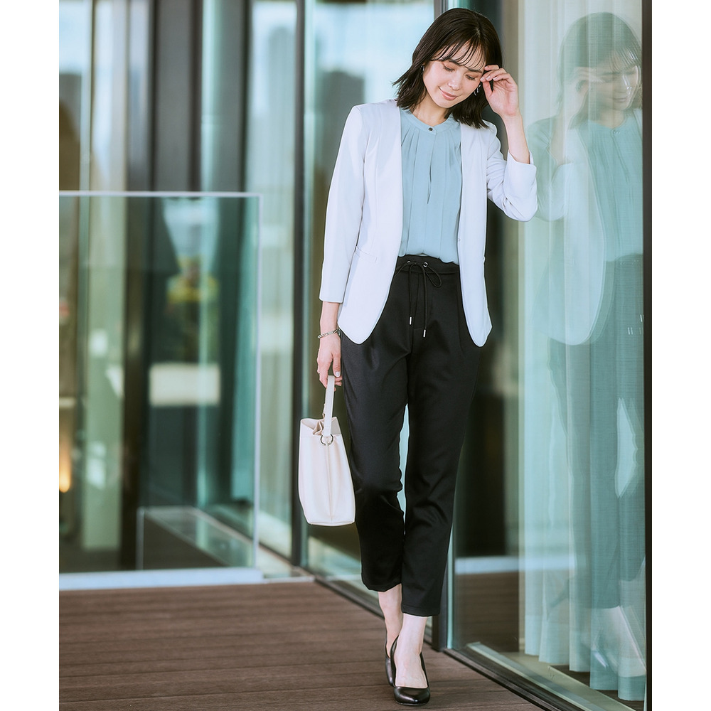 洗えるストレッチダブルクロス7分袖ノーカラージャケット(ストレッチ・しわになりにくい・UVカット・洗濯機OK) 大きいサイズ15