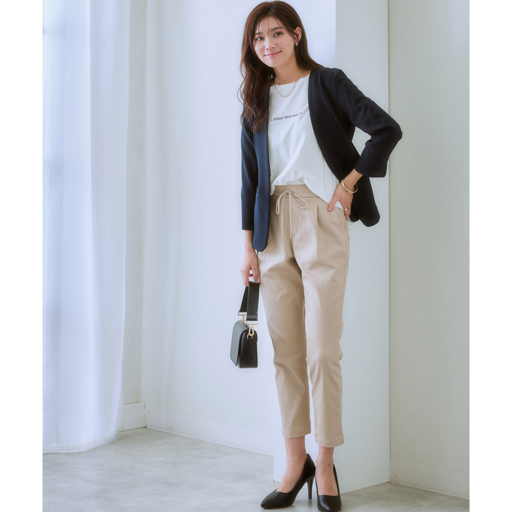 洗えるストレッチダブルクロス7分袖ノーカラージャケット(ストレッチ・しわになりにくい・UVカット・洗濯機OK) 大きいサイズ16