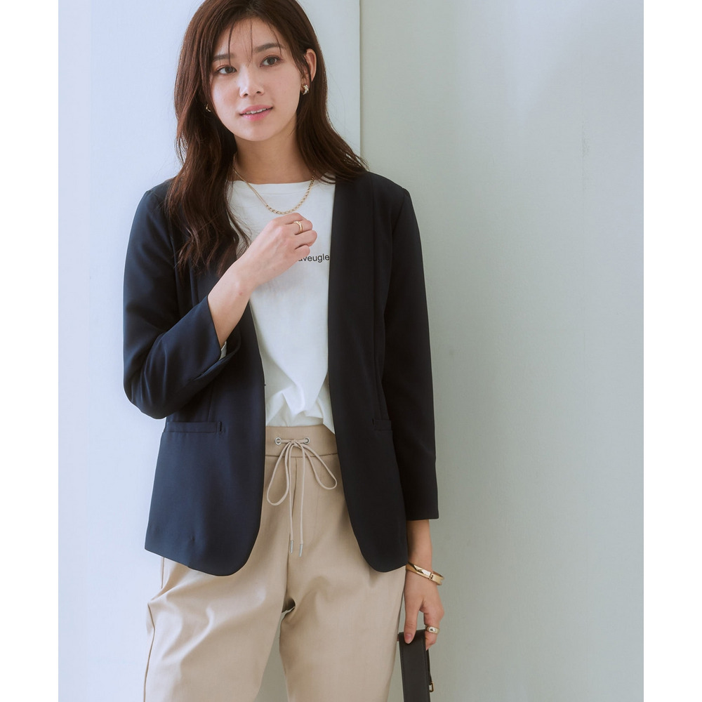 洗えるストレッチダブルクロス7分袖ノーカラージャケット(ストレッチ・しわになりにくい・UVカット・洗濯機OK) 大きいサイズ17