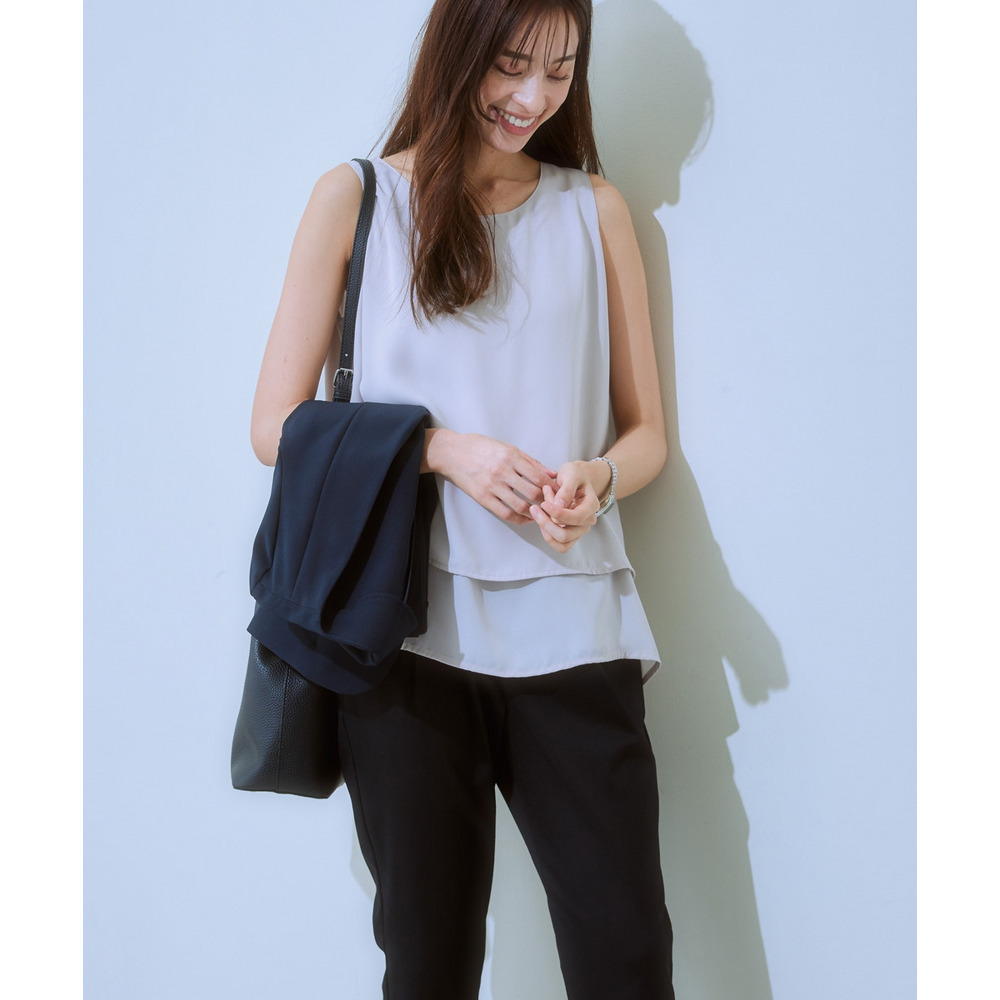 洗えるストレッチダブルクロス7分袖ノーカラージャケット(ストレッチ・しわになりにくい・UVカット・洗濯機OK) 大きいサイズ18