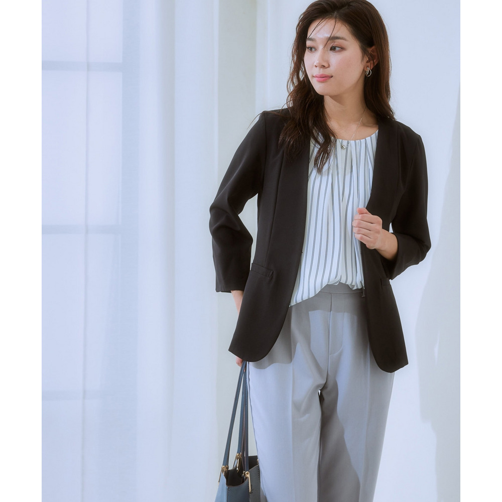 洗えるストレッチダブルクロス7分袖ノーカラージャケット(ストレッチ・しわになりにくい・UVカット・洗濯機OK) 大きいサイズ19