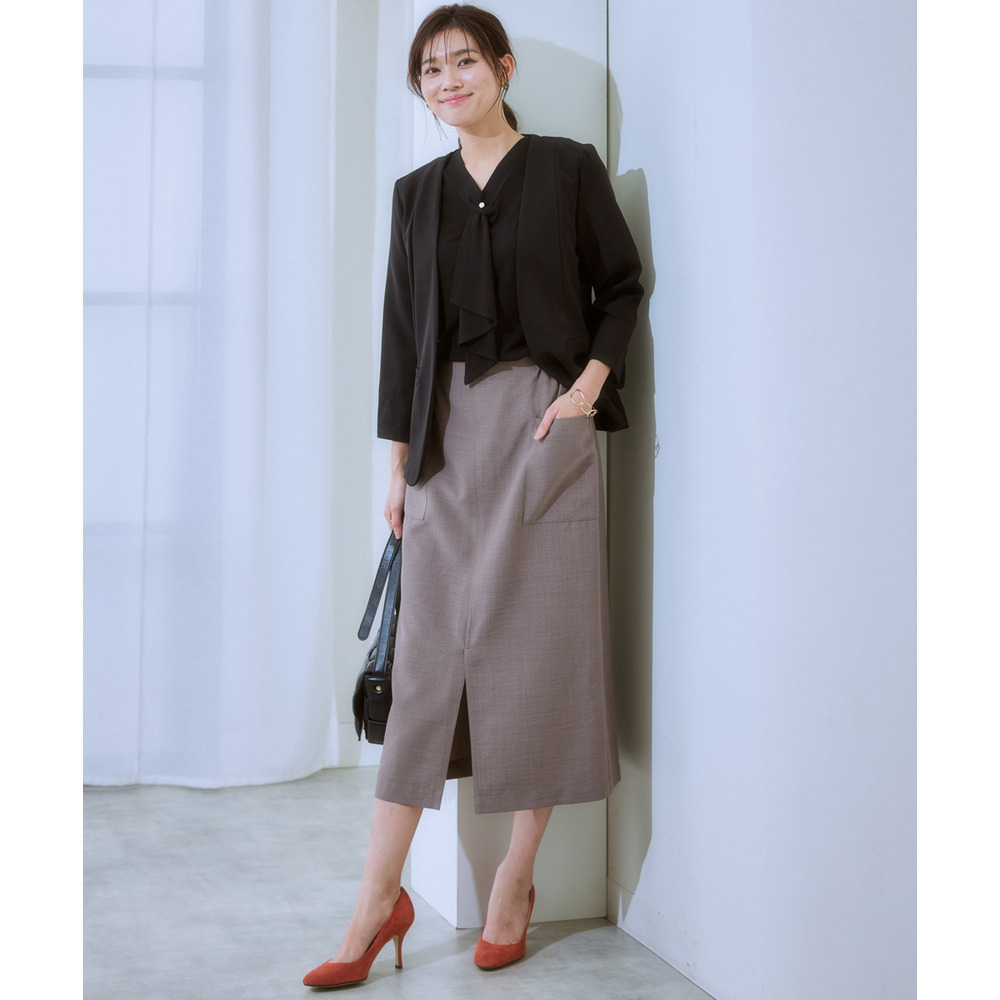 洗えるストレッチダブルクロス7分袖ノーカラージャケット(ストレッチ・しわになりにくい・UVカット・洗濯機OK) 大きいサイズ20