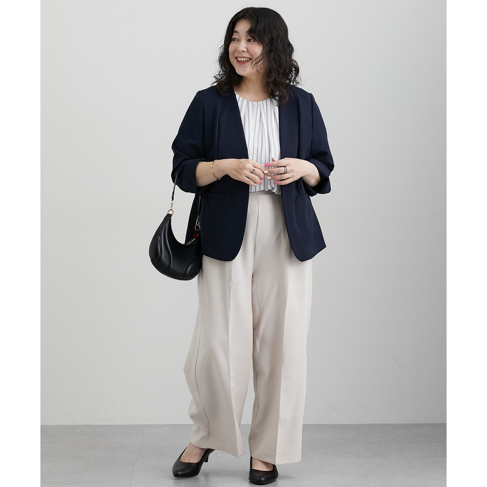 洗えるストレッチダブルクロス7分袖ノーカラージャケット(ストレッチ・しわになりにくい・UVカット・洗濯機OK) 大きいサイズ22