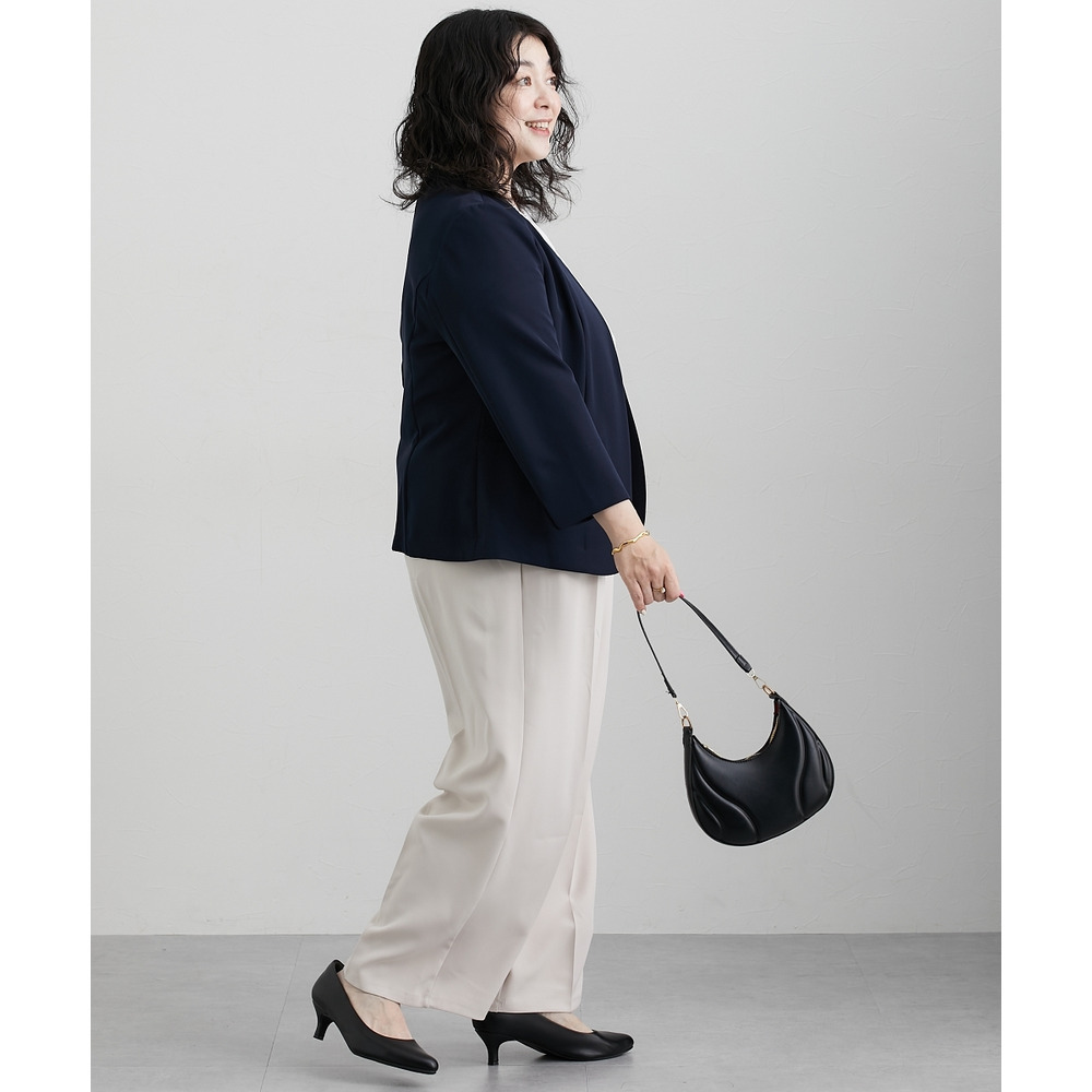 洗えるストレッチダブルクロス7分袖ノーカラージャケット(ストレッチ・しわになりにくい・UVカット・洗濯機OK) 大きいサイズ23