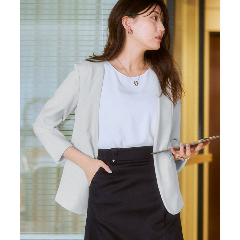 洗えるストレッチダブルクロス7分袖ノーカラージャケット(ストレッチ・しわになりにくい・UVカット・洗濯機OK) 大きいサイズ1