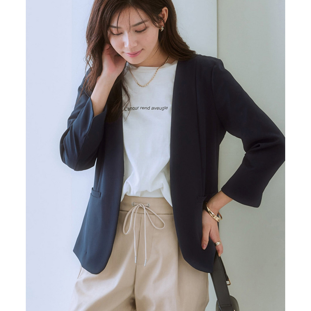 洗えるストレッチダブルクロス7分袖ノーカラージャケット(ストレッチ・しわになりにくい・UVカット・洗濯機OK) 大きいサイズ1