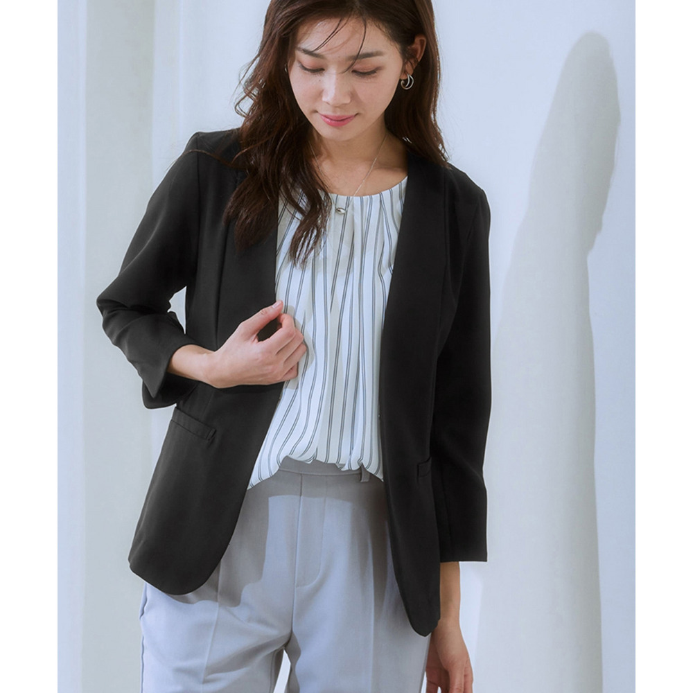 洗えるストレッチダブルクロス7分袖ノーカラージャケット(ストレッチ・しわになりにくい・UVカット・洗濯機OK) 大きいサイズ1