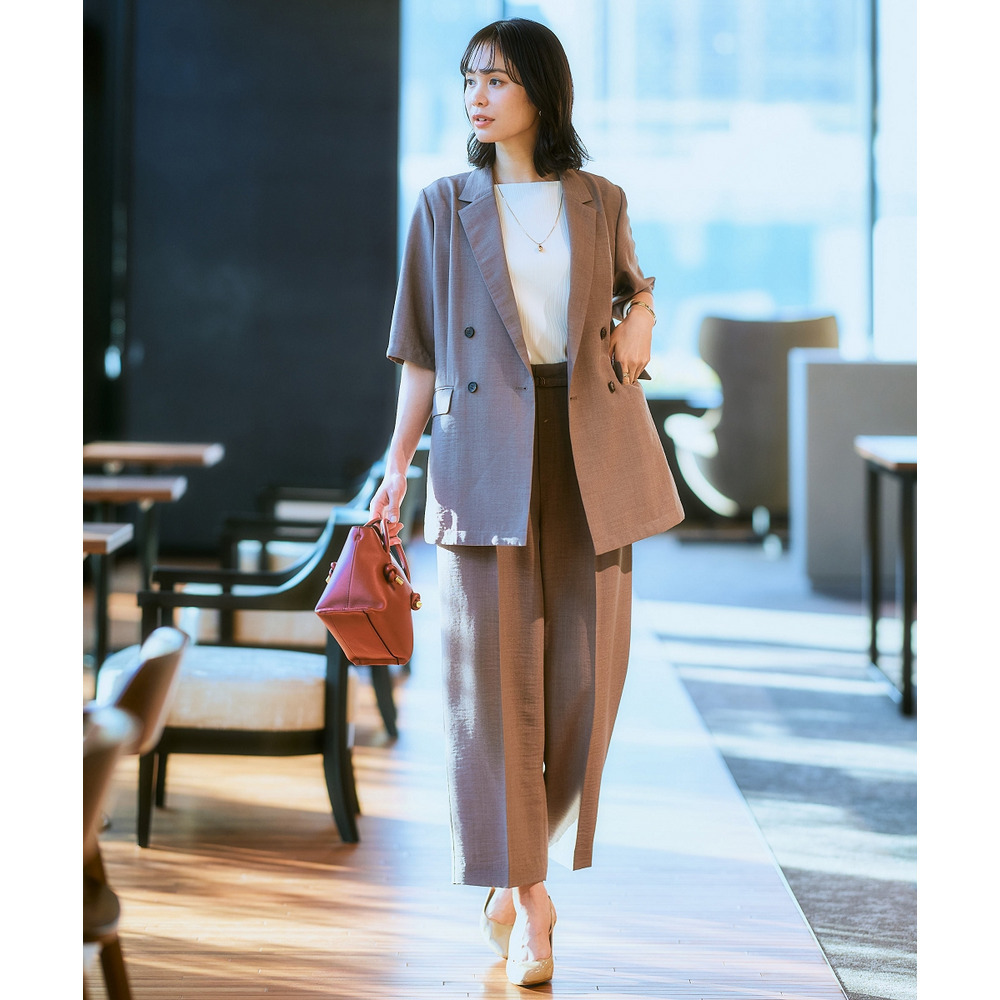 麻調合繊半袖ダブルブレストジャケット(しわになりにくい・接触冷感・UVカット・ウォッシャブル) 大きいサイズ12