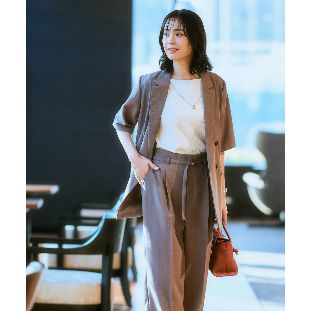 麻調合繊半袖ダブルブレストジャケット(しわになりにくい・接触冷感・UVカット・ウォッシャブル) 大きいサイズ13