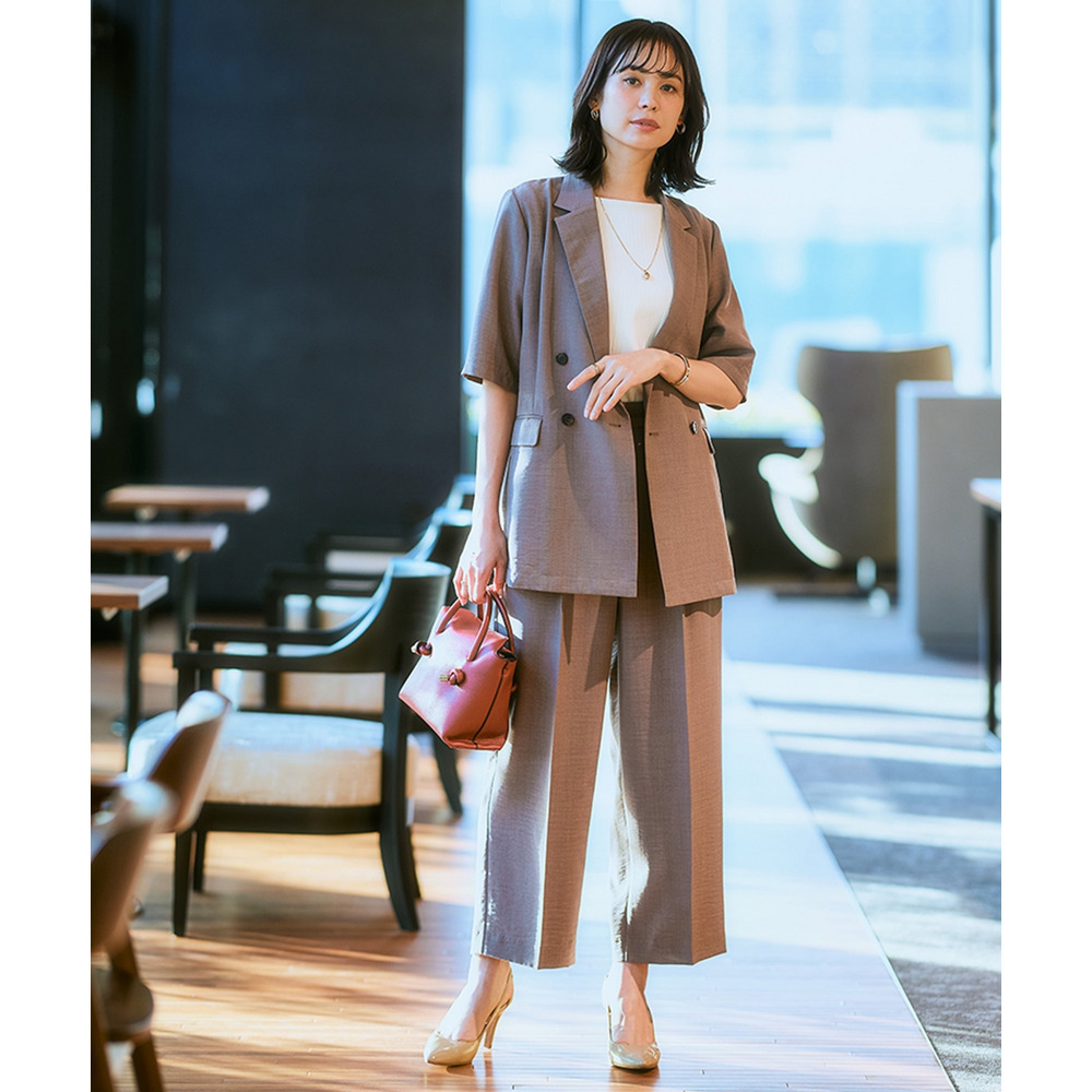 麻調合繊半袖ダブルブレストジャケット(しわになりにくい・接触冷感・UVカット・ウォッシャブル) 大きいサイズ14