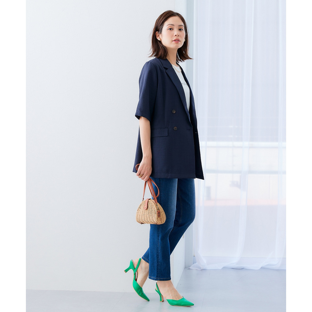 麻調合繊半袖ダブルブレストジャケット(しわになりにくい・接触冷感・UVカット・ウォッシャブル) 大きいサイズ15