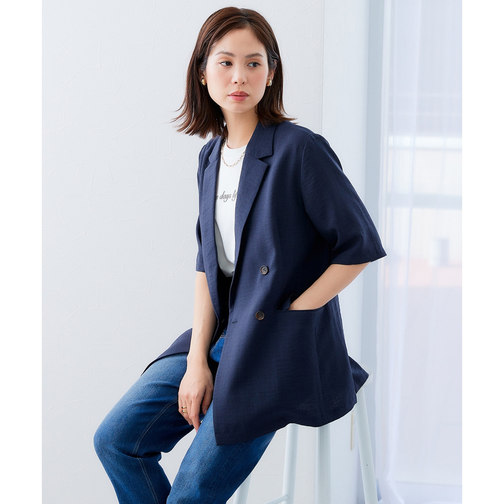 麻調合繊半袖ダブルブレストジャケット(しわになりにくい・接触冷感・UVカット・ウォッシャブル) 大きいサイズ16