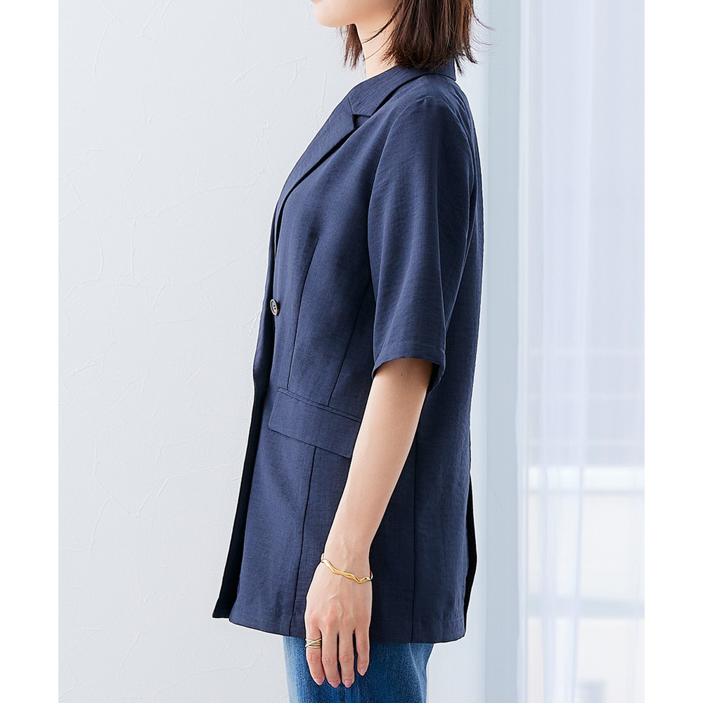 麻調合繊半袖ダブルブレストジャケット(しわになりにくい・接触冷感・UVカット・ウォッシャブル) 大きいサイズ18