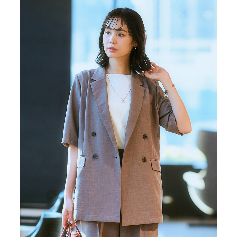 麻調合繊半袖ダブルブレストジャケット(しわになりにくい・接触冷感・UVカット・ウォッシャブル) 大きいサイズ1