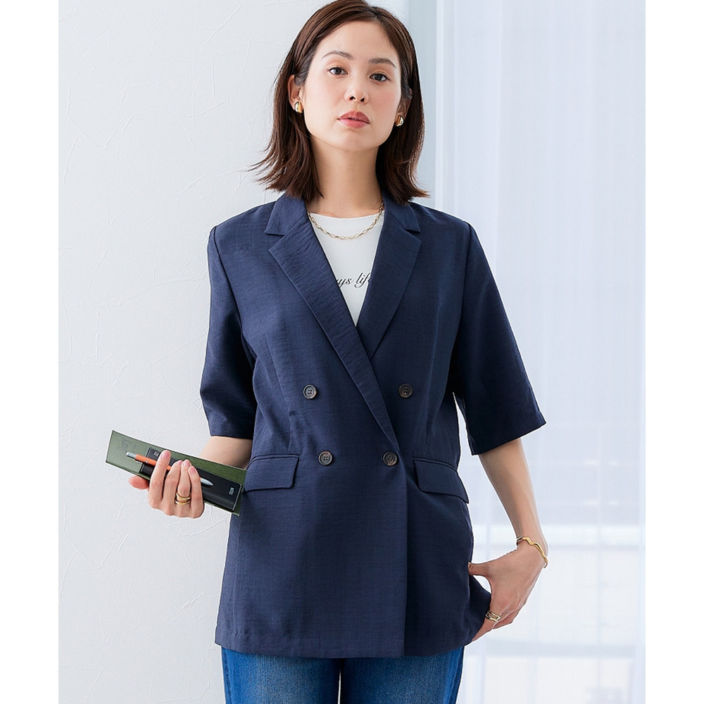 麻調合繊半袖ダブルブレストジャケット(しわになりにくい・接触冷感・UVカット・ウォッシャブル) 大きいサイズ1