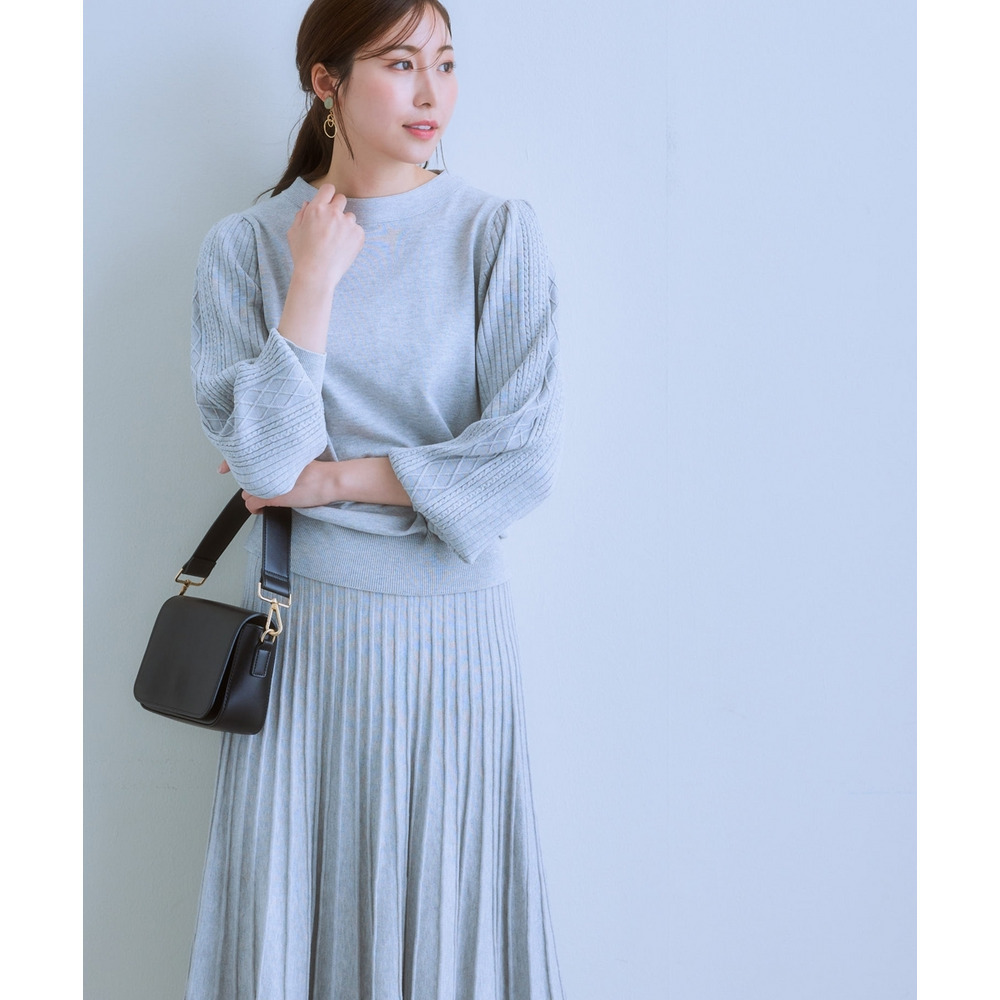 デザイン編み柄パフスリーブニット(乾燥機OK・ウォッシャブル・静電防止・毛玉になりにくい・UVカット) 大きいサイズ20