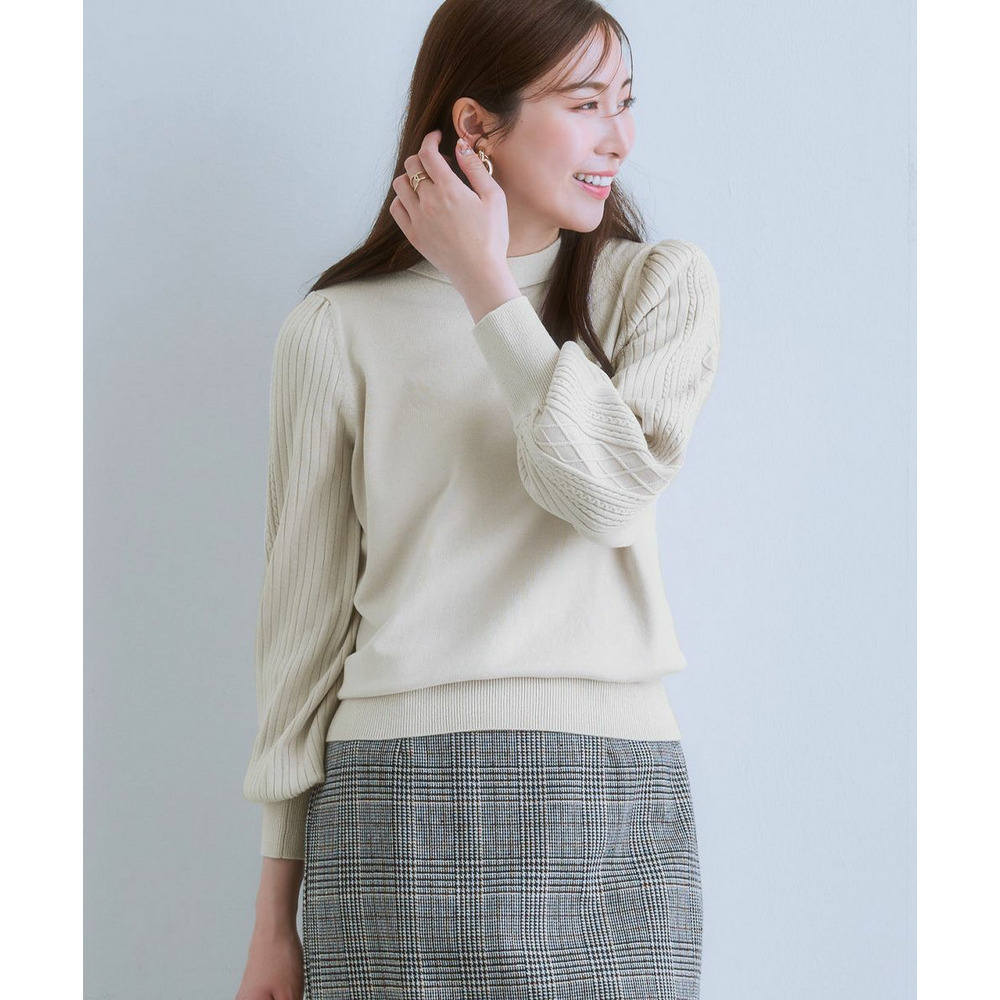 デザイン編み柄パフスリーブニット(乾燥機OK・ウォッシャブル・静電防止・毛玉になりにくい・UVカット) 大きいサイズ1