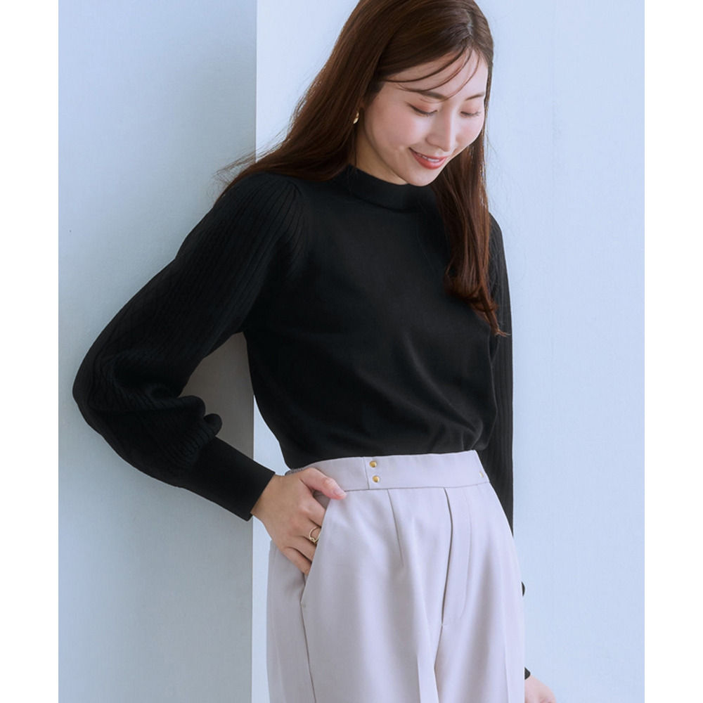 デザイン編み柄パフスリーブニット(乾燥機OK・ウォッシャブル・静電防止・毛玉になりにくい・UVカット) 大きいサイズ1