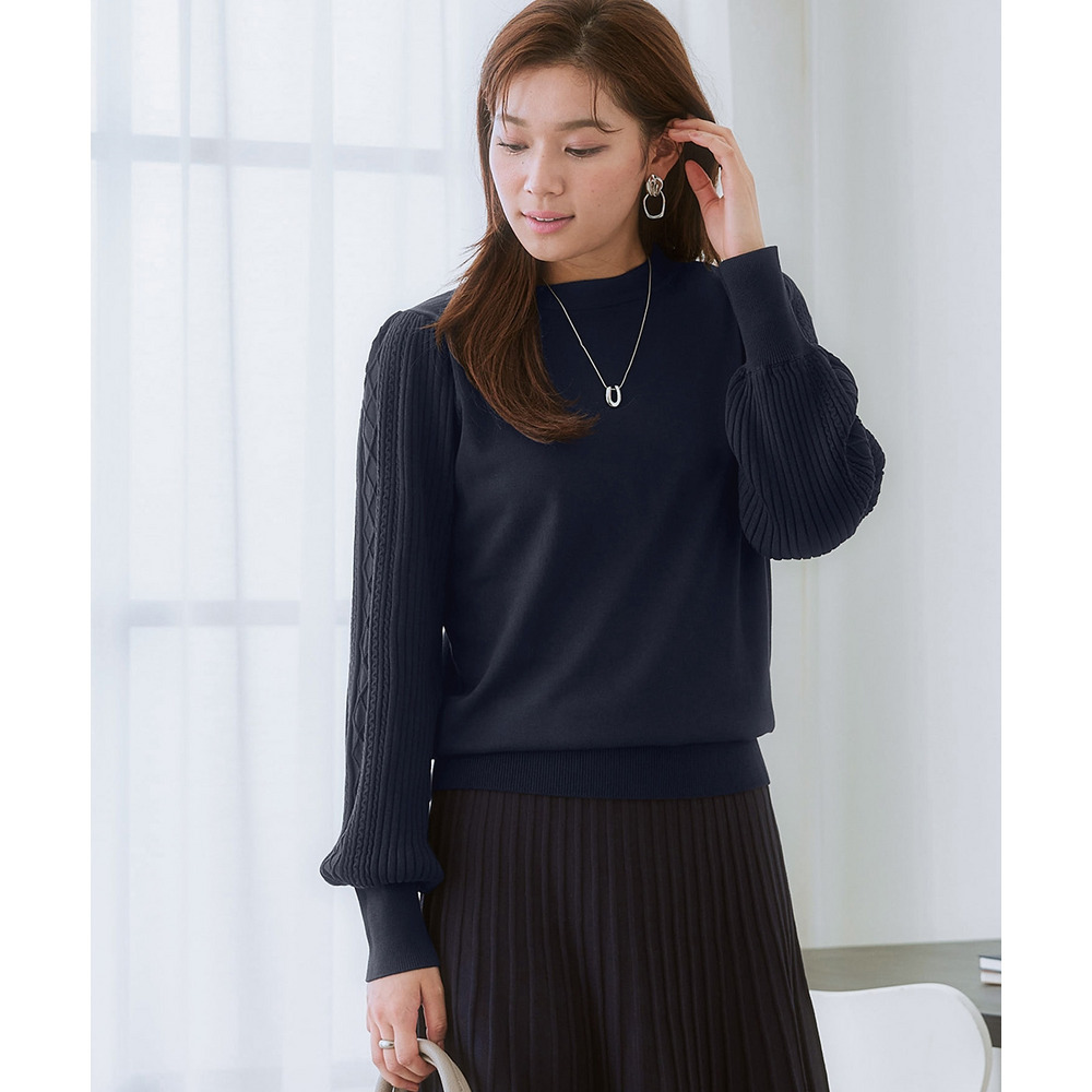 デザイン編み柄パフスリーブニット(乾燥機OK・ウォッシャブル・静電防止・毛玉になりにくい・UVカット) 大きいサイズ1