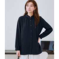 ストレッチパウダーサテン前後2WAYスタンドフリルブラウス（しわになりにくい・速乾・洗濯機OK・UVカット） 大きいサイズ