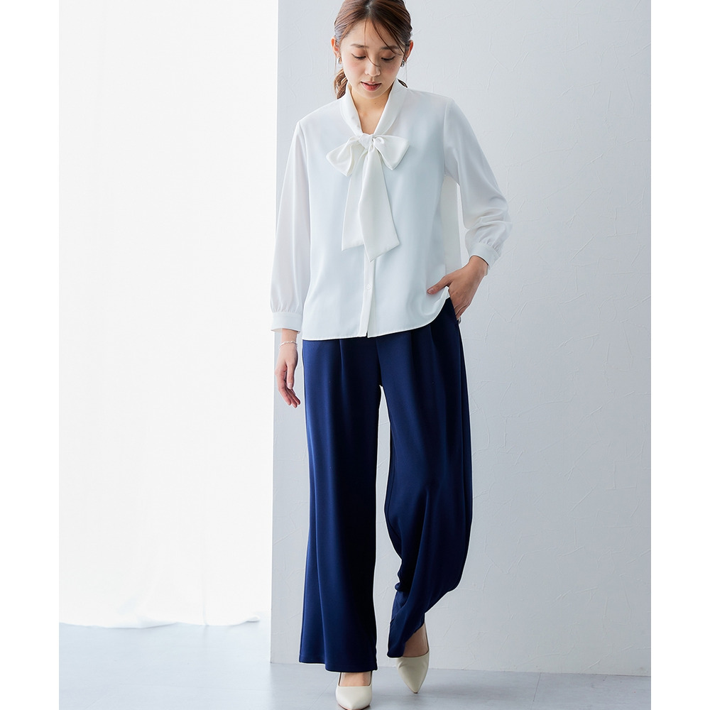 ストレッチパウダーサテンビッグリボンタイブラウス(しわになりにくい・速乾・洗濯機OK・UVカット) 大きいサイズ16