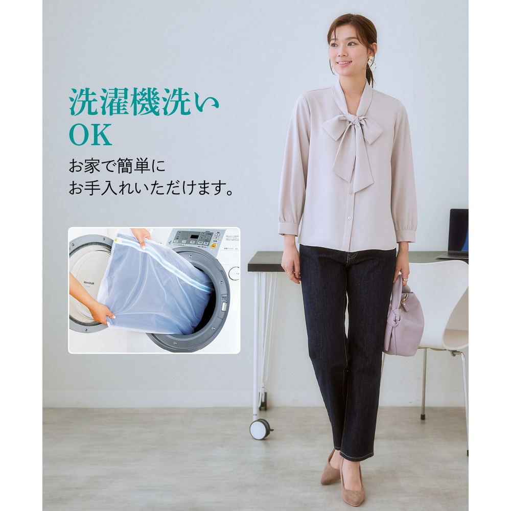 ストレッチパウダーサテンビッグリボンタイブラウス(しわになりにくい・速乾・洗濯機OK・UVカット) 大きいサイズ6