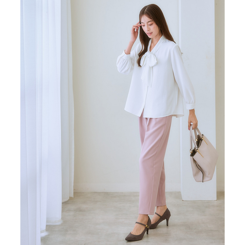 ストレッチパウダーサテンビッグリボンタイブラウス(しわになりにくい・速乾・洗濯機OK・UVカット) 大きいサイズ9