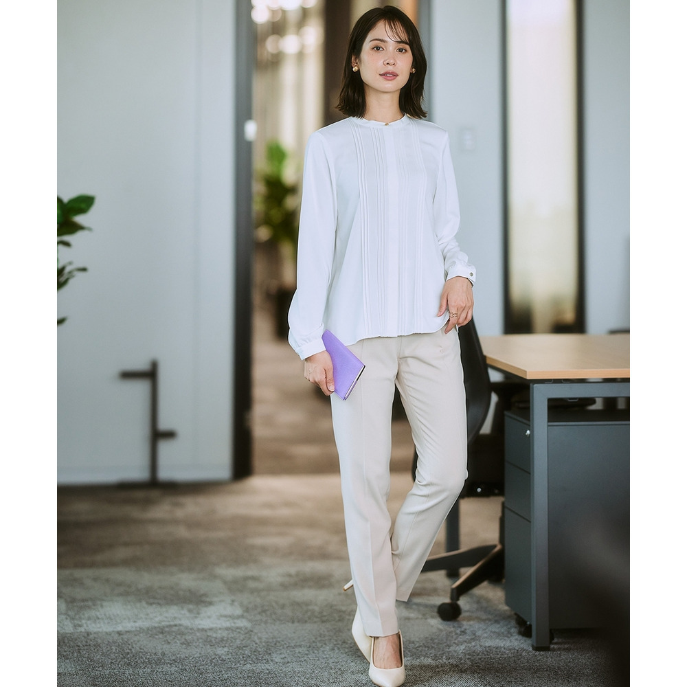 ストレッチパウダーサテンピンタックブラウス(しわになりにくい・速乾・洗濯機OK・UVカット) 大きいサイズ10