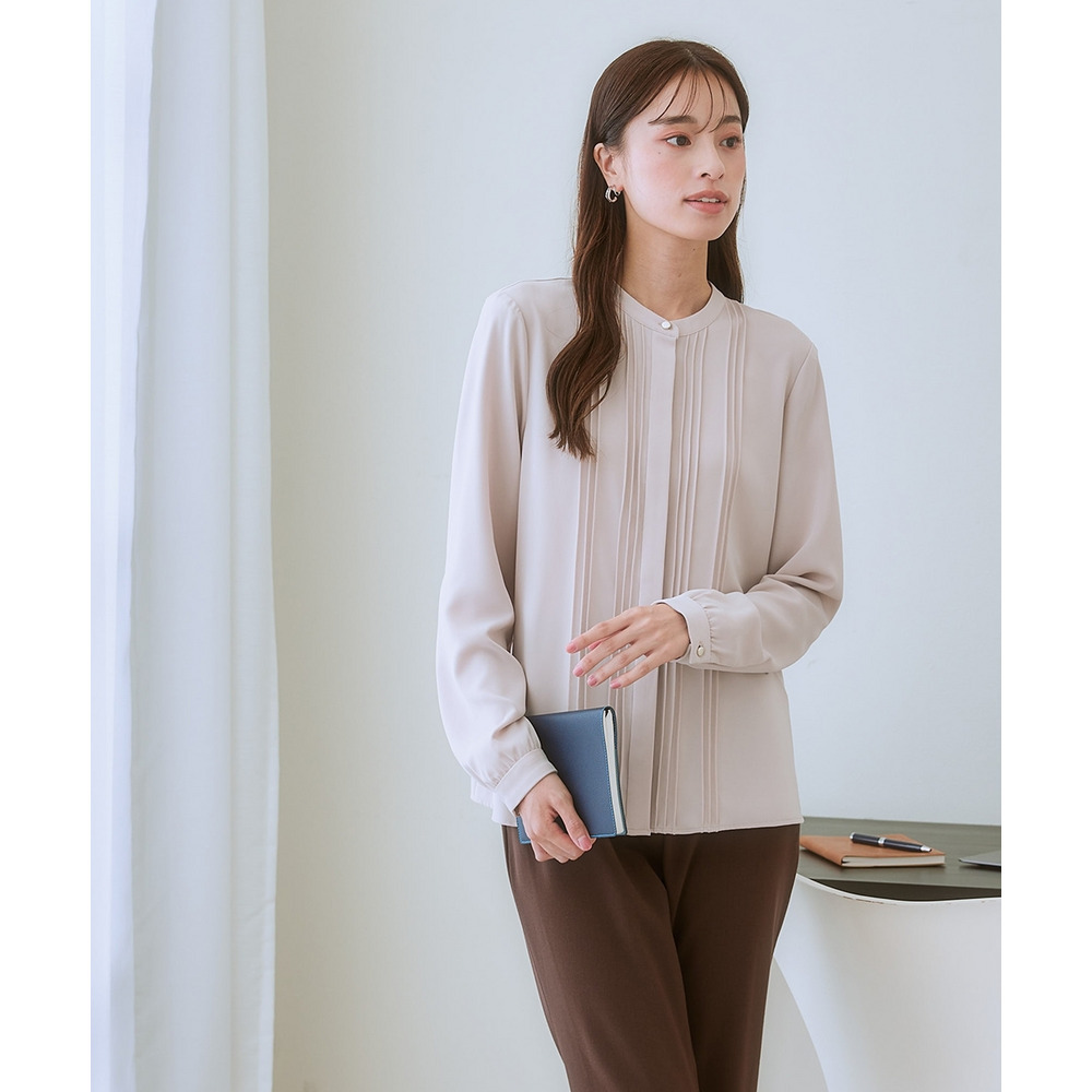 ストレッチパウダーサテンピンタックブラウス(しわになりにくい・速乾・洗濯機OK・UVカット) 大きいサイズ13