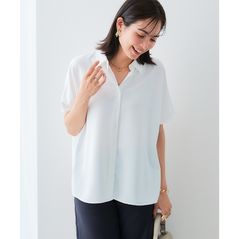 【袖丈が選べる2タイプ】ストレッチパウダーサテンレギュラーカラーシャツ(しわになりにくい・速乾・洗濯機OK・UVカット) 大きいサイズ1