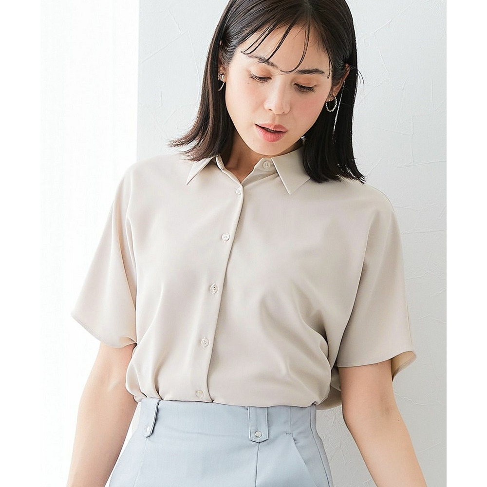 【袖丈が選べる2タイプ】ストレッチパウダーサテンレギュラーカラーシャツ(しわになりにくい・速乾・洗濯機OK・UVカット) 大きいサイズ1