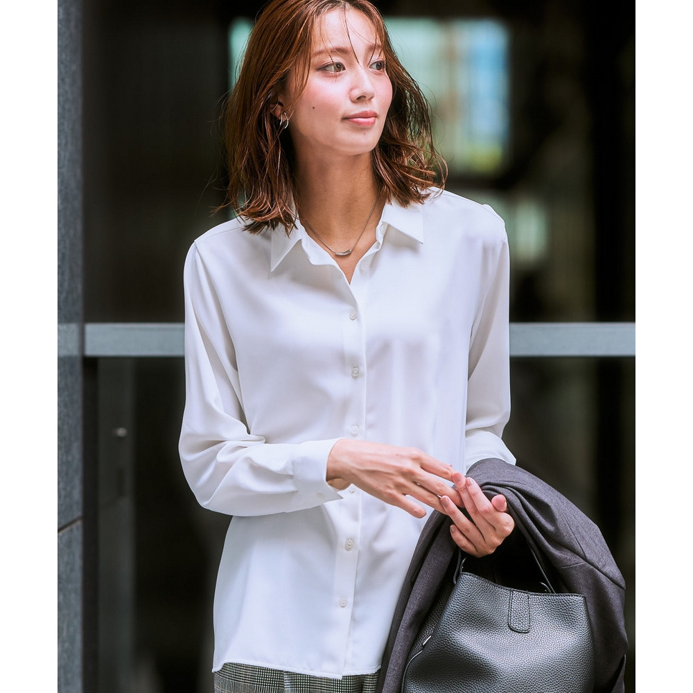 【袖丈が選べる2タイプ】ストレッチパウダーサテンレギュラーカラーシャツ(しわになりにくい・速乾・洗濯機OK・UVカット) 大きいサイズ1