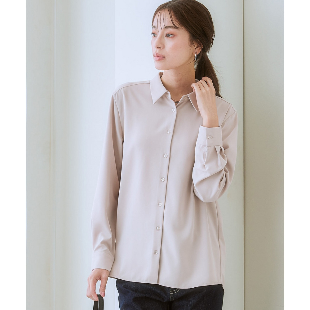 【袖丈が選べる2タイプ】ストレッチパウダーサテンレギュラーカラーシャツ(しわになりにくい・速乾・洗濯機OK・UVカット) 大きいサイズ1