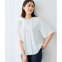 ストレッチパウダーサテンキーネックフレア袖ブラウス（しわになりにくい・速乾・洗濯機OK・UVカット） 大きいサイズ