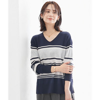 マルチボーダーVネックニット(乾燥機OK・ウォッシャブル・静電気防止・毛玉になりにくい・UVカット) 大きいサイズ