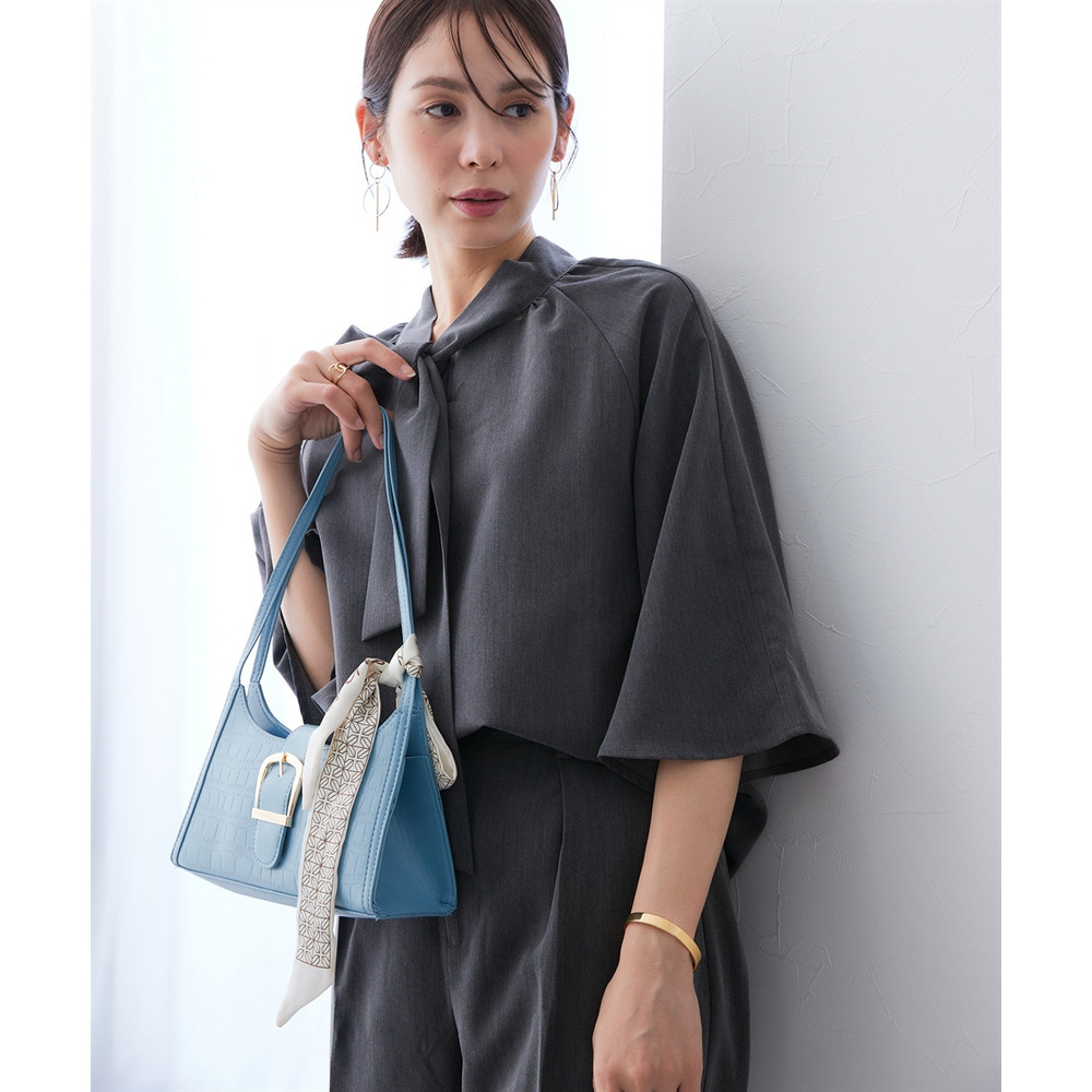 シャンブレー前後2WAYリボンタイブラウス セットアップ対応 大きいサイズ14