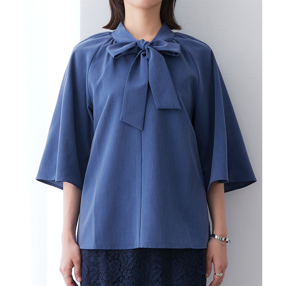 シャンブレー前後2WAYリボンタイブラウス セットアップ対応 大きいサイズ16