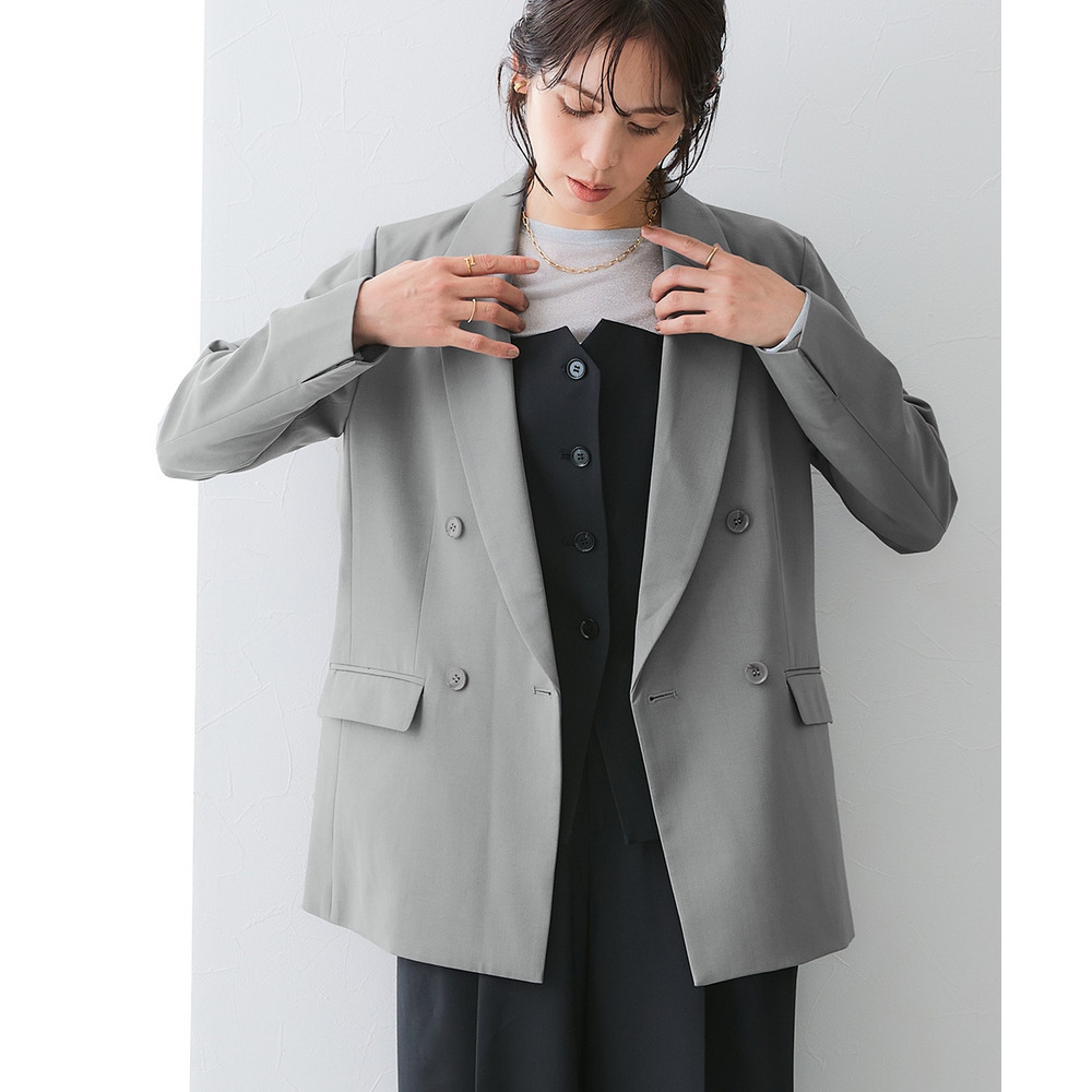 【みさとさんコラボ】ダブルブレストテーラードジャケット(しわになりにくい・UVカット) 大きいサイズ1