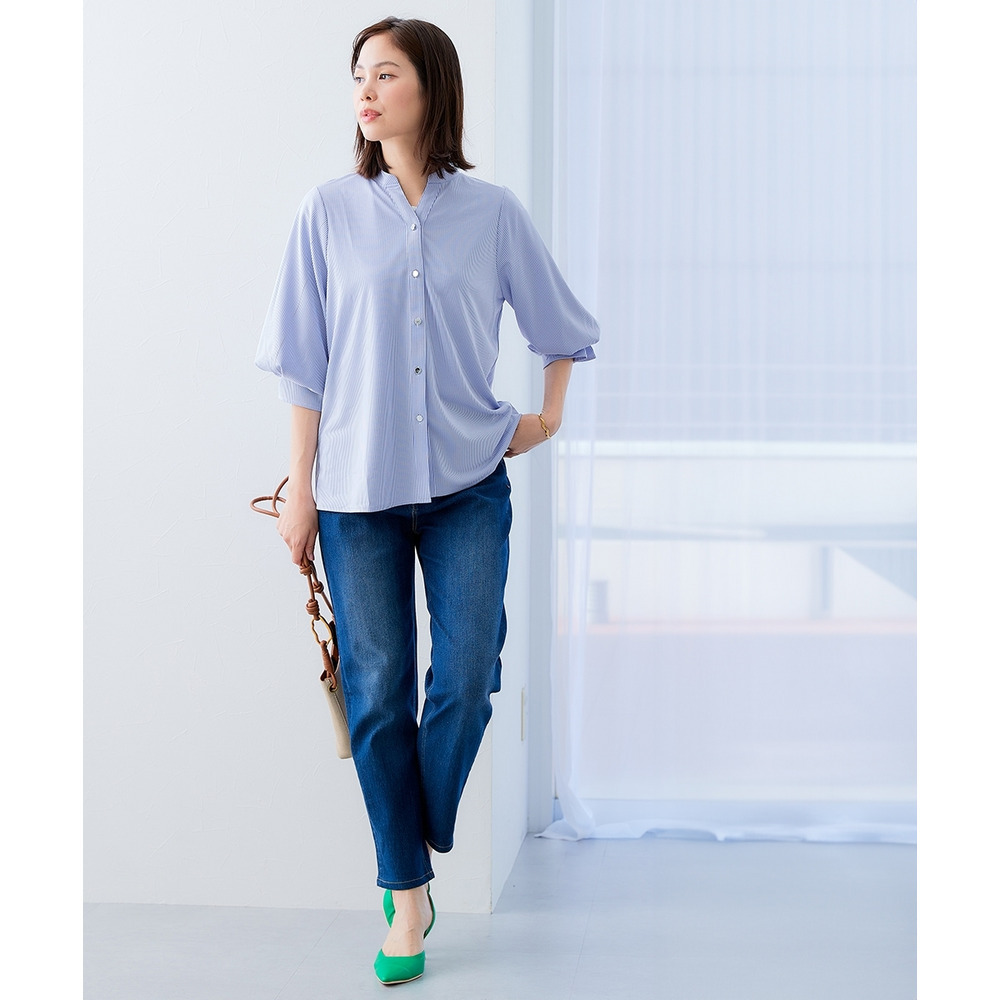 カットソー素材メタルボタンタックスリーブシャツ 大きいサイズ10