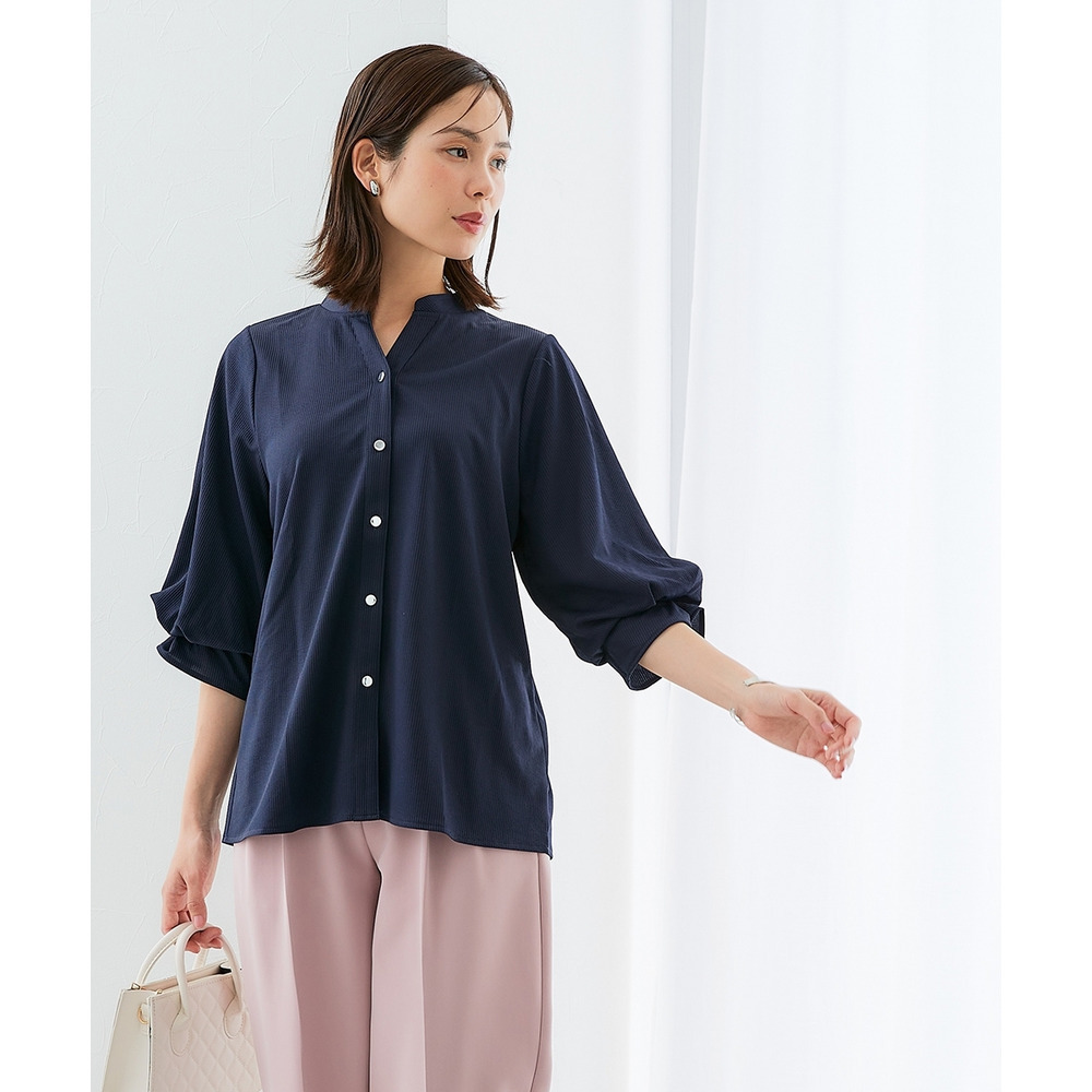 カットソー素材メタルボタンタックスリーブシャツ 大きいサイズ16