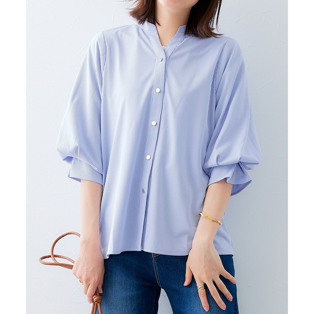 カットソー素材メタルボタンタックスリーブシャツ 大きいサイズ17