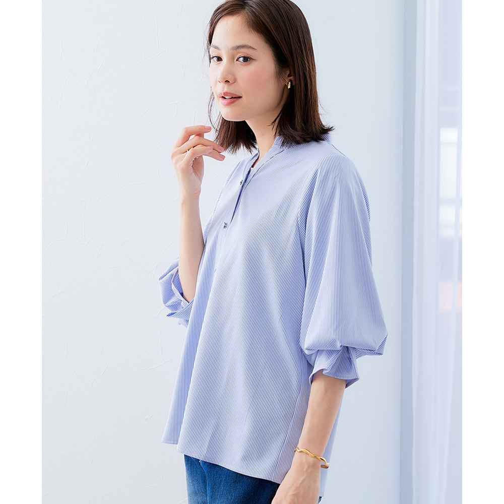 カットソー素材メタルボタンタックスリーブシャツ 大きいサイズ1