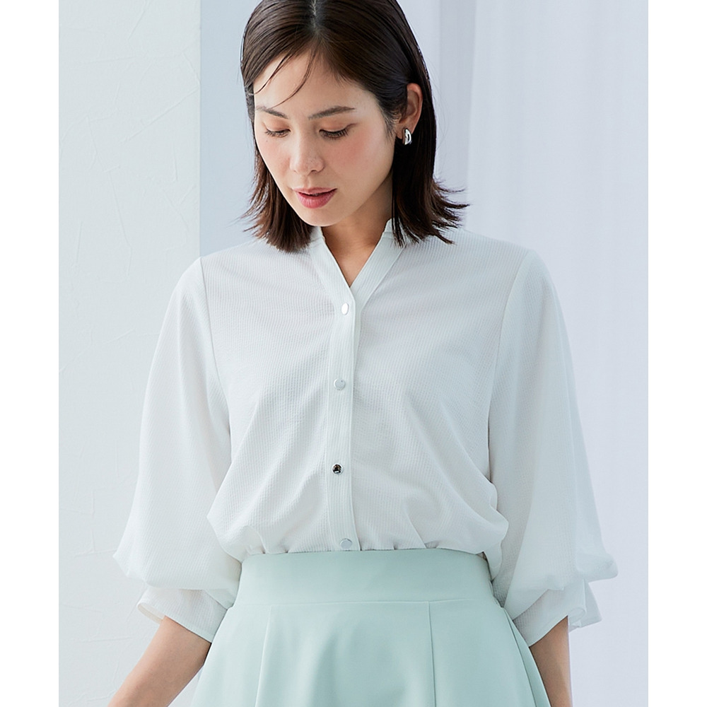 カットソー素材メタルボタンタックスリーブシャツ 大きいサイズ1