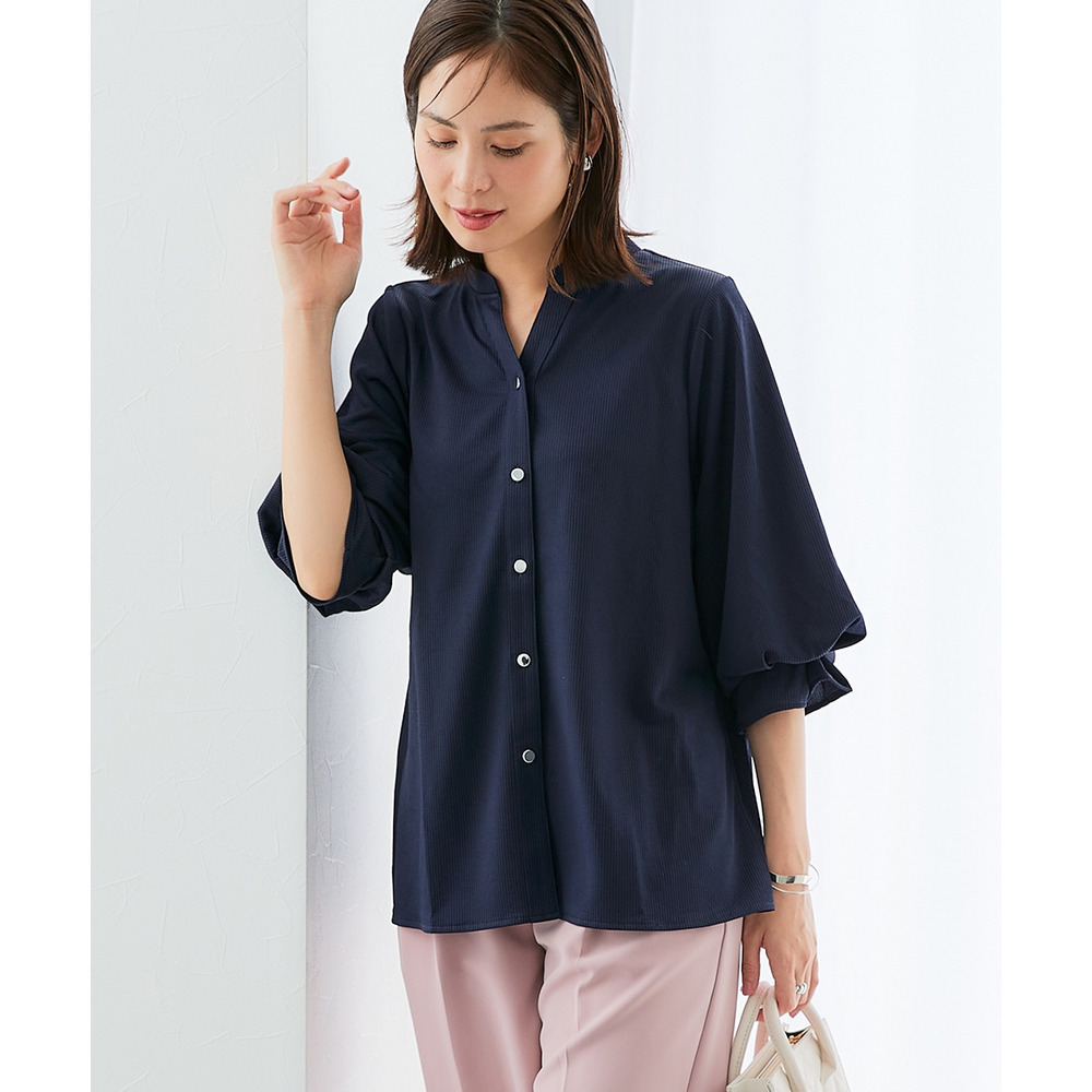 カットソー素材メタルボタンタックスリーブシャツ 大きいサイズ1