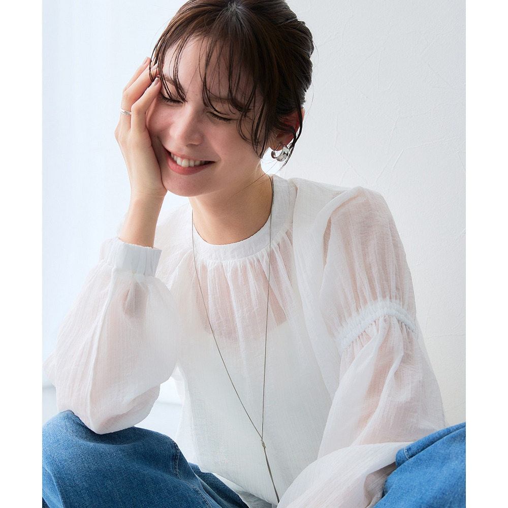 ストライプシアーボリューム袖ブラウス 大きいサイズ14