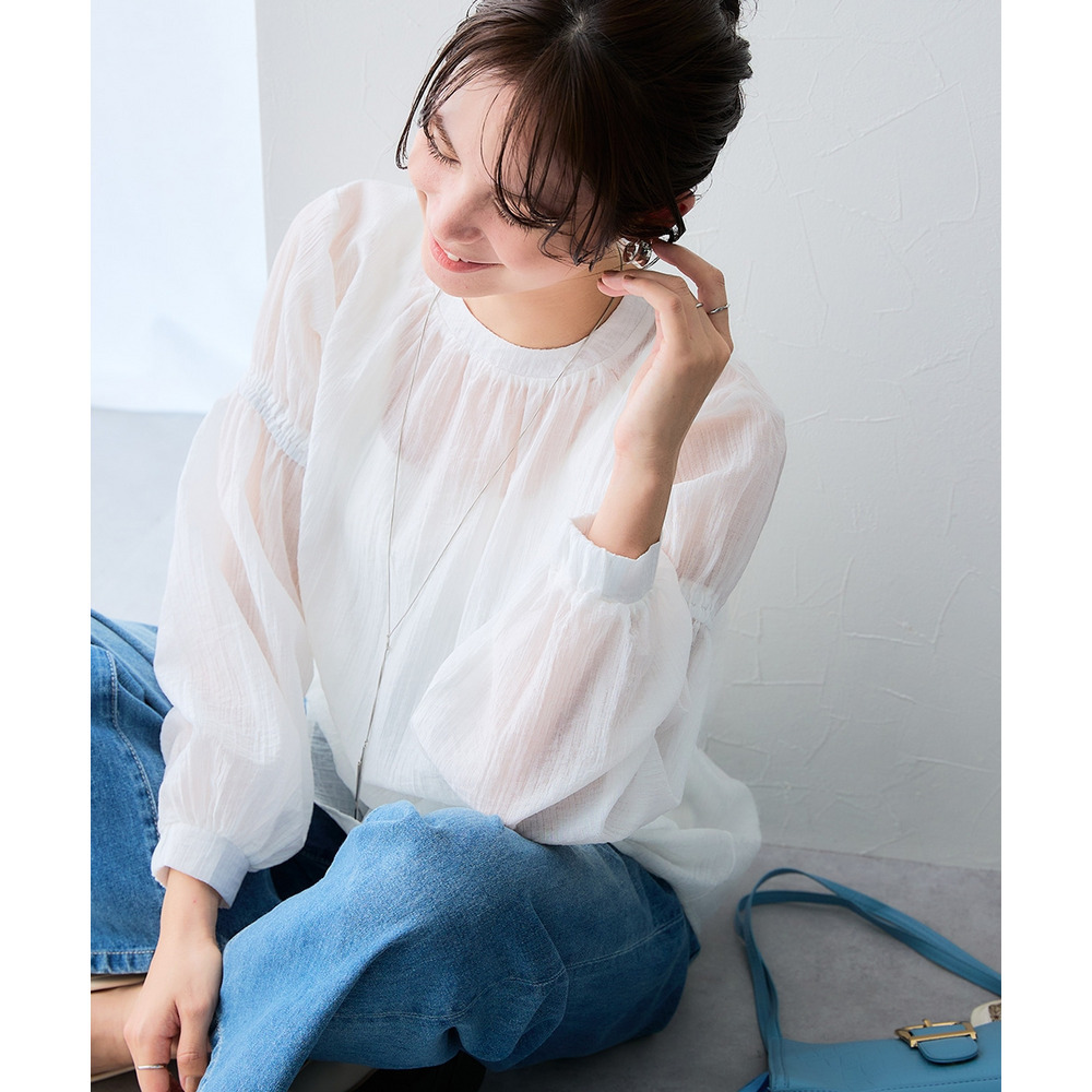 ストライプシアーボリューム袖ブラウス 大きいサイズ15