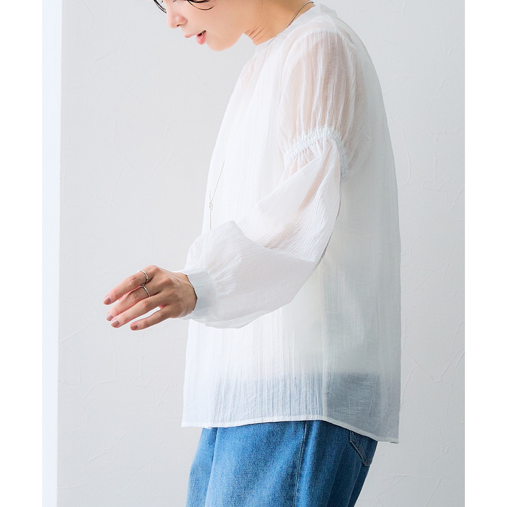 ストライプシアーボリューム袖ブラウス 大きいサイズ18