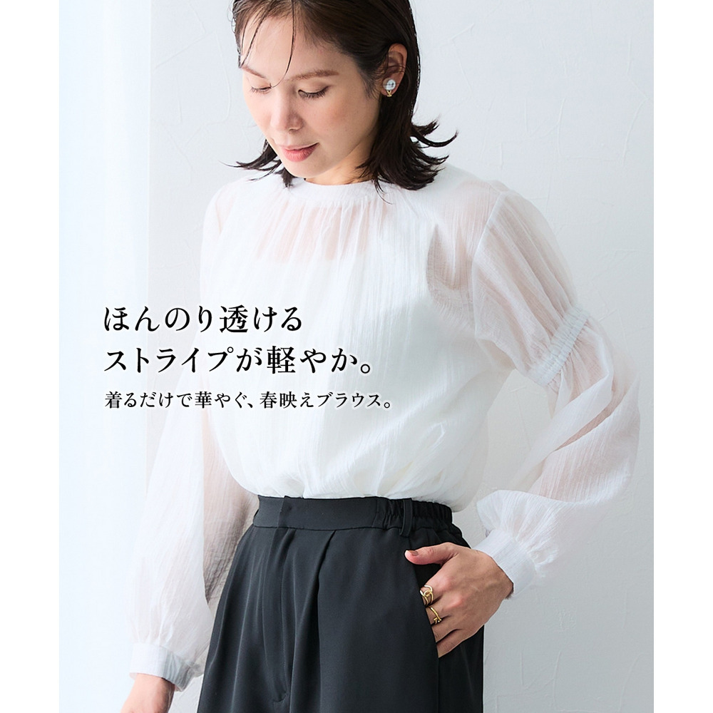 ストライプシアーボリューム袖ブラウス 大きいサイズ2